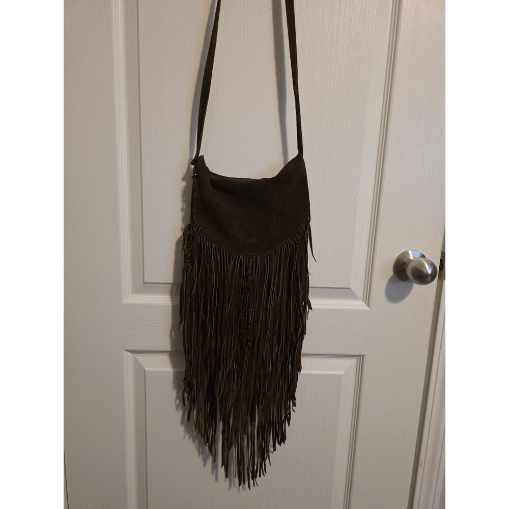 Vintage Earthbound Trading Co. dark brown leather boho crossbody purse beads